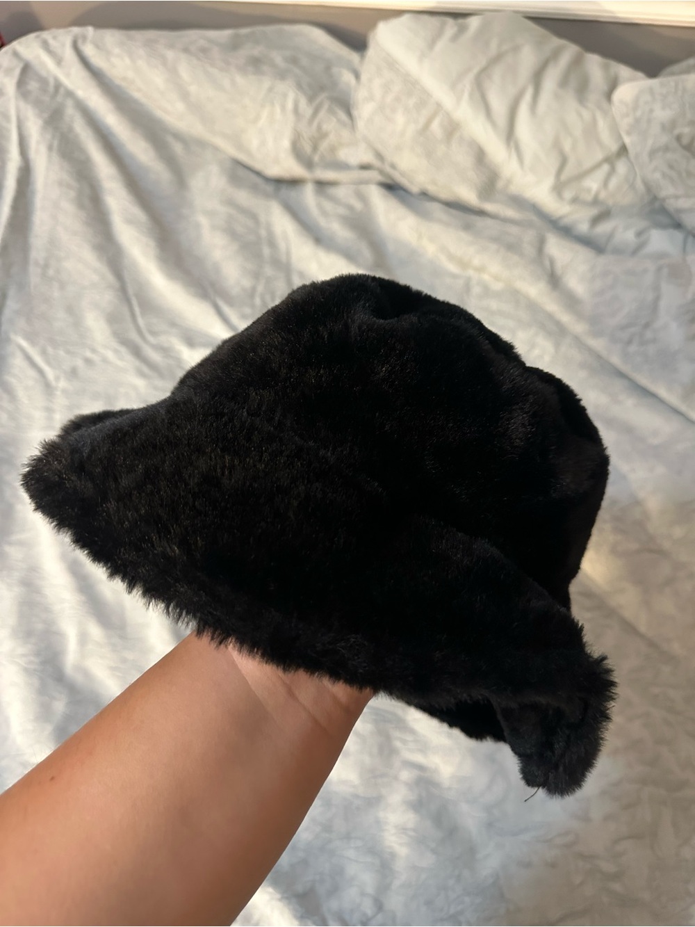 Steve Madden Black Faux Fur Bucket Hat with Gold Logo - Picture 3 of 4